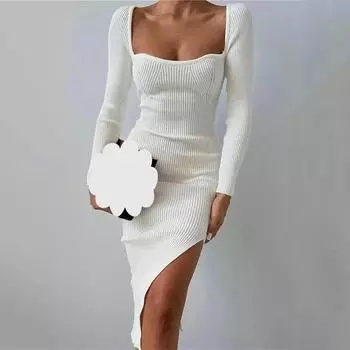 Осеннее сексуальное облегающее платье-свитер с длинным рукавом и квадратным вырезом, темпераментное вязаное платье с разрезом до бедра и колена 30292 S белый