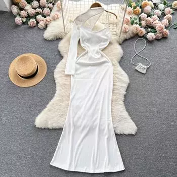 Осеннее сексуальное платье с диагональным воротником на одно плечо и бретелькой на шее, висячее атласное платье знаменитостей на шнуровке на бедре «рыбий хвост»