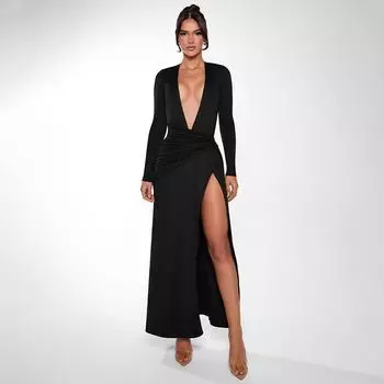 Осеннее сексуальное платье с глубоким V-образным вырезом и длинными рукавами, женское однотонное облегающее платье с разрезом S чёрный