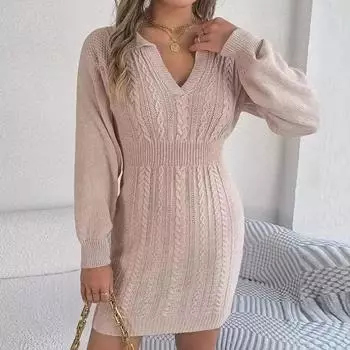 Осеннее сексуальное платье с рукавом-фонариком, модное женское офисное трикотажное платье с длинным рукавом, теплый трикотаж с отложным воротником 29890 S армия зеленый