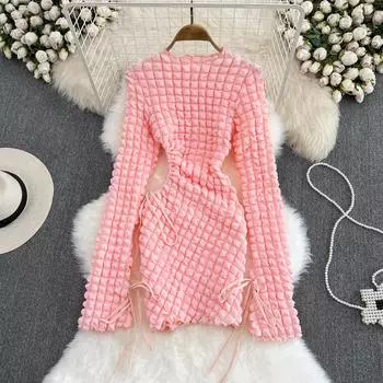 Осеннее сексуальное сексуальное платье с круглым вырезом и длинными рукавами для девочек, самосовершенствование, утягивающее платье с полой решеткой и дном, короткая посылка, платье на бедрах