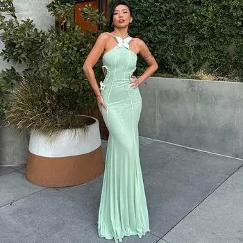 Осеннее сексуальное темпераментное облегающее праздничное платье с одной линией плеча и воротом, украшенное бабочкой S зелёный