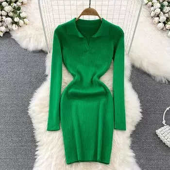 Осеннее сексуальное женское темпераментное платье с длинными рукавами и талией для горячих девушек, тонкое вязаное платье на бедрах One Size чёрный