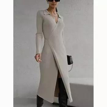 Осеннее сексуальное женское трикотажное платье с длинным рукавом с отложным воротником на шнуровке, тонкие платья, зимняя мода, однотонное элегантное платье-свитер 30448 One Size белый