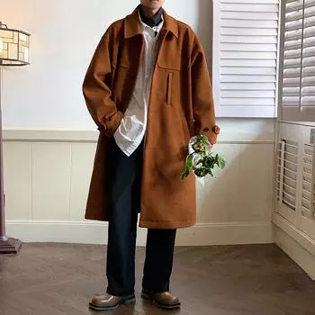 Осеннее шерстяное пальто средней длины, зимнее корейское теплое ветровка с карманами на пуговицах, пальто, повседневная верхняя одежда в студенческом стиле M чёрный