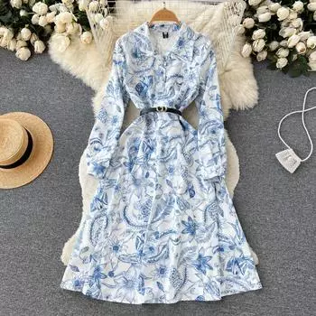 Осеннее шикарное платье трапециевидной формы средней длины с длинными рукавами и принтом цвета морской волны во французском стиле для пожилых людей, облегающее талию