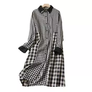 Осеннее свободное хлопковое льняное клетчатое платье с длинными рукавами и лацканами для женщин средней и длинной длины M