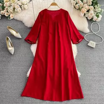 Осеннее свободное и тонкое платье трапециевидной формы с длинными рукавами и вышивкой в стиле ретро в этническом стиле с v-образным вырезом