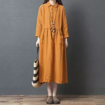 Осеннее свободное однотонное хлопковое льняное платье-рубашка с длинными рукавами и лацканами для женщин M оранжевый