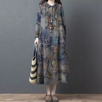 Осеннее свободное платье из хлопка и льна с принтом и длинными рукавами для женщин, рубашка средней и длинной длины M синий