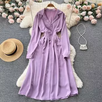 Осеннее свободное платье с французским нишевым мармеладом и плиссированной талией, с лацканами первоцвета