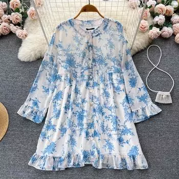Осеннее свободное платье в ленивом стиле с длинными рукавами, маленькое дизайнерское маленькое платье с круглым вырезом и цветочным принтом в виде листьев лотоса