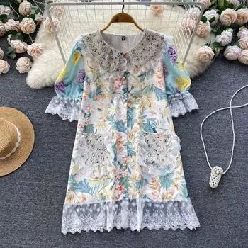 Осеннее свободное платье в национальном стиле с кружевным краем, кукольным воротником и короткими рукавами