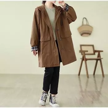 Осеннее свободное женское пальто с капюшоном, однотонное, с карманами, повседневное, в винтажном корейском стиле, однобортное, с длинными рукавами M хаки