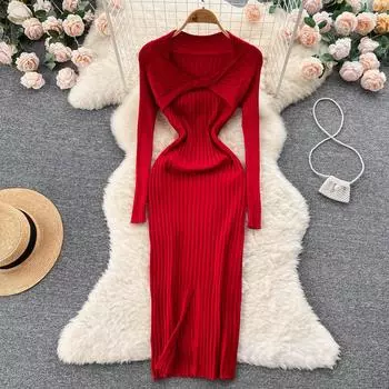 Осеннее темпераментное богиня с бантом и трикотажным талией с длинными рукавами, утягивающее сумку с разрезом, хип-платье