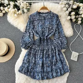 Осеннее темпераментное платье богини с принтом на талии и тонкими рукавами-фонариками на талии с цветочным принтом