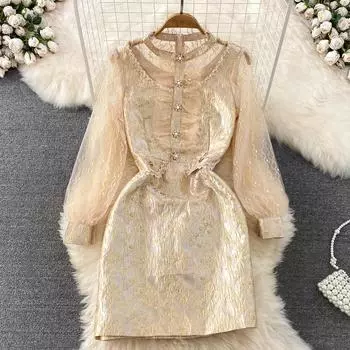 Осеннее темпераментное женское платье трапециевидной формы с круглым вырезом и талией в стиле ретро, тонкое жаккардовое платье трапециевидной формы S абрикосовый