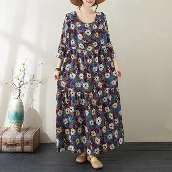 Осеннее тонкое хлопковое льняное длинное платье с цветочным принтом, круглым вырезом, длинным рукавом, свободным узким широким подолом, А-силуэт для женщин one size