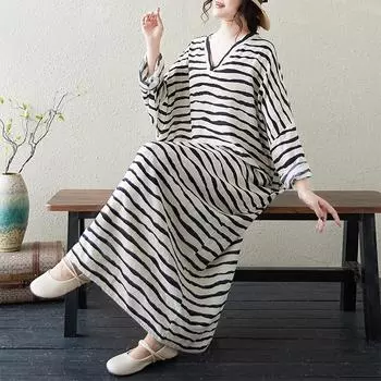 Осеннее тонкое хлопковое льняное платье с V-образным вырезом, свободное, простое, в стиле отпуска, с длинными рукавами, средней длины, для женщин one size