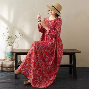 Осеннее тонкое хлопковое льняное платье с длинными рукавами, свободное, утягивающее, в художественном стиле для отпуска, средней длины для женщин one size красный
