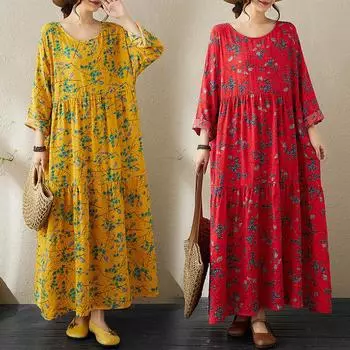 Осеннее тонкое хлопковое льняное платье с длинными рукавами, свободное, утягивающее, А-силуэта для женщин one size красный