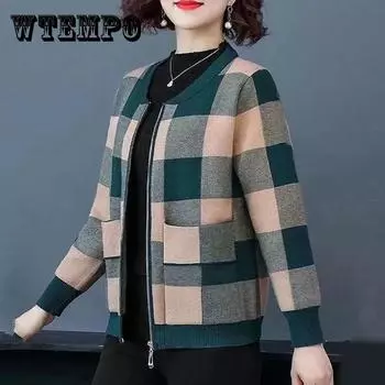 Осеннее тонкое клетчатое пальто для матери среднего возраста, универсальный свободный кардиган в западном стиле, свитер с длинными рукавами 3XL красный