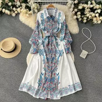 Осеннее тонкое платье с французской талией и принтом в этническом стиле с длинными рукавами и принтом