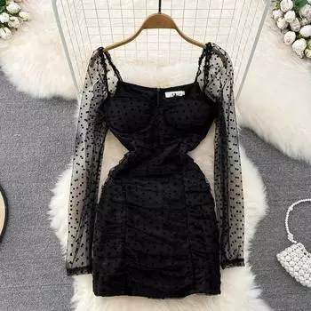 Осеннее тонкое прозрачное кружевное плиссированное платье с квадратным вырезом и талией во французском стиле