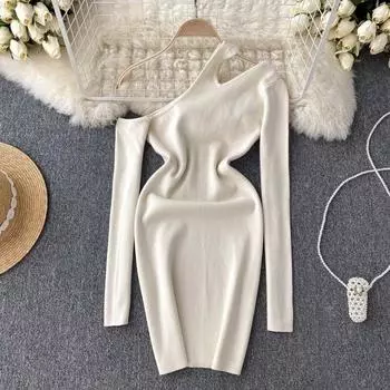 Осеннее тонкое сексуальное эластичное вязаное новое тонкое Нижнее платье в корейском стиле с открытыми плечами