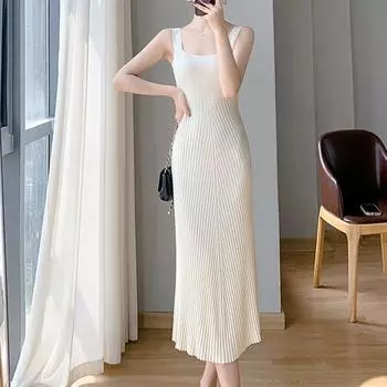 Осеннее тонкое вязаное платье-свитер без рукавов, женское винтажное элегантное облегающее платье 2023, вечернее сексуальное длинное платье на бретельках, халат 28118 S чёрный