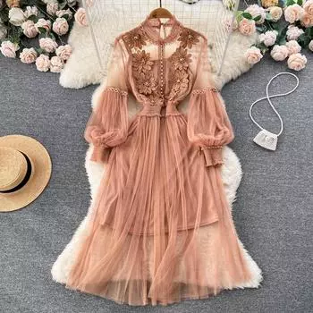 Осеннее тяжелое трехмерное цветочное сетчатое платье с воротником-стойкой и рукавами-фонариками с высокой талией, тонкое платье феи, состоящее из двух частей One Size синий