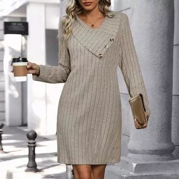 Осеннее трикотажное платье в полоску, однотонное трикотажное платье с V-образным вырезом, шикарное, удобное и универсальное, темпераментное, элегантное, повседневное, женская одежда S абрикосовый