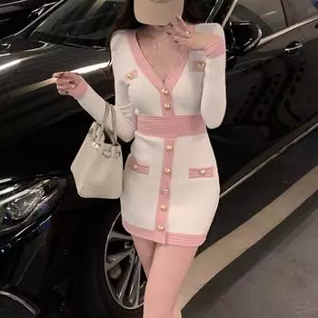 Осеннее трикотажное сексуальное платье с V-образным вырезом и высокой талией, модное женское винтажное элегантное женское платье с длинным рукавом, повседневное облегающее зимнее платье 25971 One Size белый