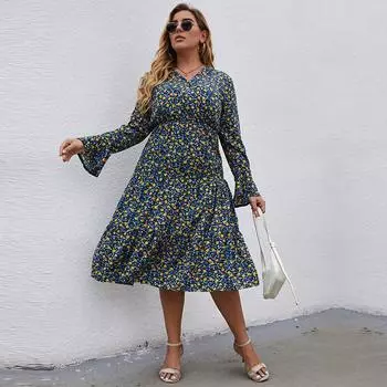 Осеннее универсальное платье с v-образным вырезом, длинными рукавами и высокой талией, цветочным принтом, шикарное длинное платье больших размеров L-4XL XL синий