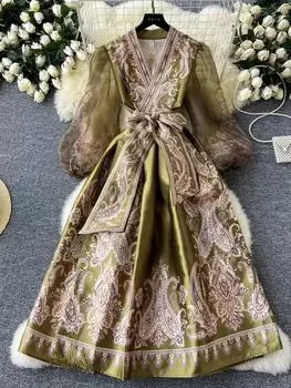 Осеннее вечернее платье с принтом пейсли, бандажное, с рукавами-фонариками, длинное вечернее платье, женское бальное платье Y2k из плотного атласа в стиле пэчворк S бежевый