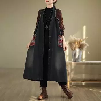 Осеннее винтажное этническое трикотажное лоскутное свободное пальто для женщин One Size