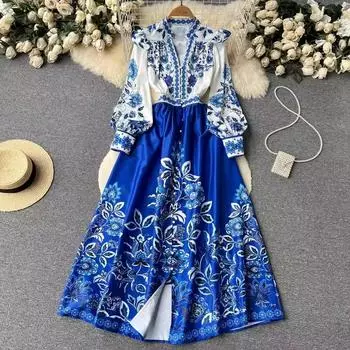 Осеннее винтажное платье макси с цветочным принтом, женское платье-фонарик с длинным рукавом и v-образным вырезом, однобортное платье трапециевидной формы с принтом в стиле барокко и оборками, платья-халат S чёрный