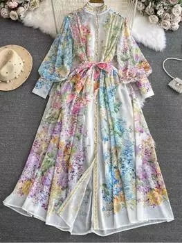 Осеннее винтажное платье с цветочным принтом, женское длинное однобортное платье с рукавами-фонариками, свободные платья, эстетичная пляжная одежда для отдыха 2024 S бежевый