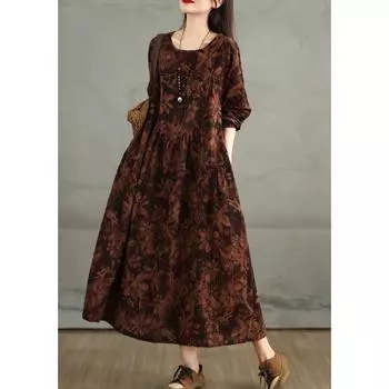 Осеннее винтажное свободное платье больших размеров из хлопка и льна с цветочным принтом и длинными рукавами L красный