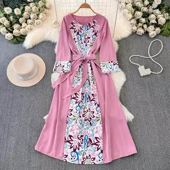 Осеннее винтажное женское длинное платье в стиле пэчворк с принтом, элегантное повседневное платье трапециевидной формы с круглым вырезом и высокой талией, женские праздничные платья One Size синий