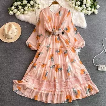 Осеннее винтажное женское длинное платье в стиле пэчворк с цветочным принтом, элегантное элегантное платье с v-образным вырезом и пышными рукавами, ажурный подол, пляжное платье для отдыха, новинка One Size оранжевый