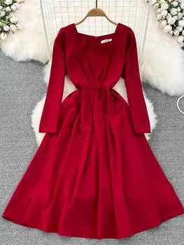 Осеннее винтажное женское платье миди с квадратным воротником, элегантное зеленое/розовое/красное тонкое драпированное платье с высокой талией, большие качели, новый женский халат One Size чёрный