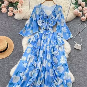 Осеннее винтажное женское повседневное шифоновое длинное платье с цветочным принтом, женское элегантное платье с v-образным вырезом и оборками, с высокой талией, пляжное платье для отдыха