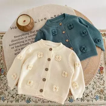 Осеннее вязаное хлопковое пальто ручной работы с цветочным узором для девочек 0-3 лет, свитер с круглым вырезом, кардиган 66cm