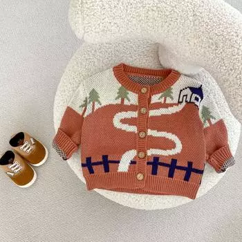 Осеннее вязаное пальто для новорожденных, вязаный кардиган для мальчиков и девочек, жаккардовый свитер с рисунком из мультфильмов, bafanou 83433 66cm(3-6M) желе фасоль