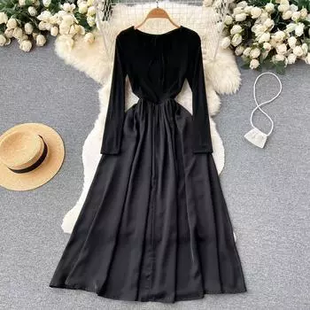 Осеннее вязаное платье в стиле Хепберн со шнуровкой в стиле ретро, черное плиссированное платье с длинными рукавами и талией, большой подол S чёрный