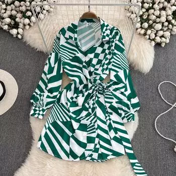 Осеннее высококачественное элегантное темпераментное платье с v-образным вырезом и длинными рукавами и тонким галстуком-бабочкой на талии