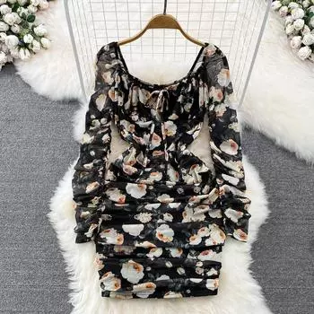 Осеннее высококачественное темпераментное шифоновое платье с квадратным вырезом и длинными рукавами на талии, тонкое плиссированное шифоновое платье с принтом.