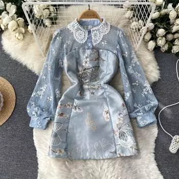 Осеннее высококачественное вышитое кружевное вязанное крючком платье с длинными рукавами и талией для похудения леди темпераментное платье