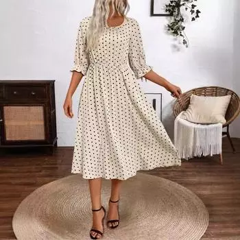Осеннее женское элегантное и удобное платье в горошек, широкое платье-трапеция со средним рукавом S кремовый
